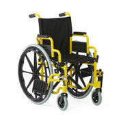 Wheelchair with yellow frame and black seat on a white background