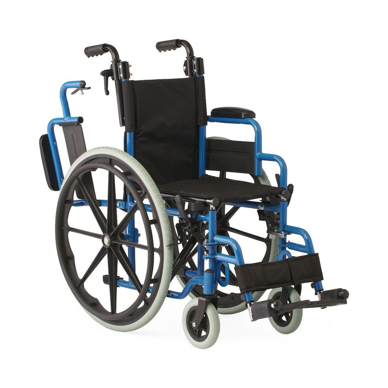 Blue and black manual wheelchair on a white background