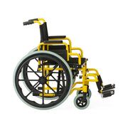 Wheelchair with yellow frame and black seat on a white background