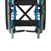 Close-up of a blue wheelchair with black seat and footrests on a white background
