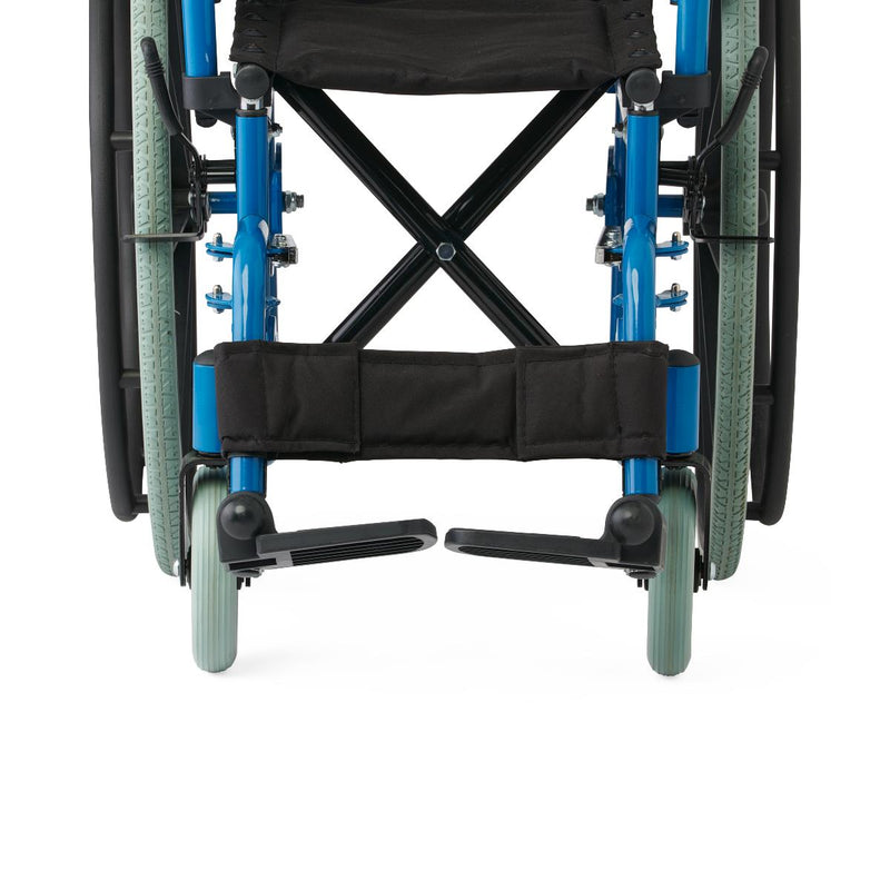 Close-up of a blue wheelchair with black seat and footrests on a white background
