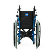 Blue and black wheelchair with a visible logo on a white background