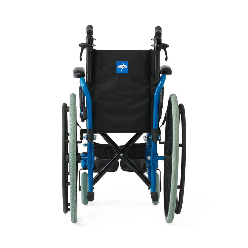 Blue and black wheelchair with a visible logo on a white background