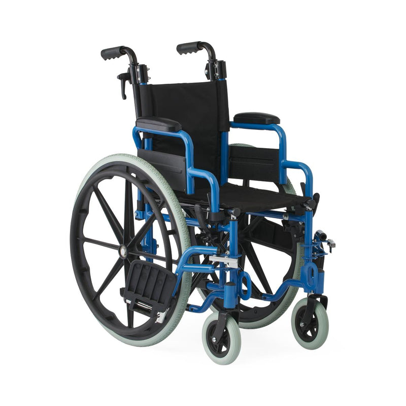 Wheelchair with blue frame and black seat on a white background