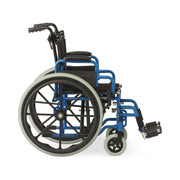 Wheelchair with blue frame and black seat on a white background
