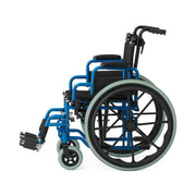 Wheelchair with blue frame and black seat on a white background