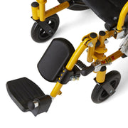 Close-up of a yellow and black folding wheelchair frame, showing the footrest, seat, wheels, and adjustment hardware on a white background.