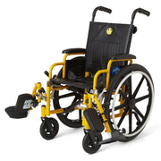 A manual wheelchair with a bright yellow frame and black seat, backrest, and wheels, shown on a clean white background. It features a padded black backrest with a small yellow smiley face logo, a footrest, and armrests.