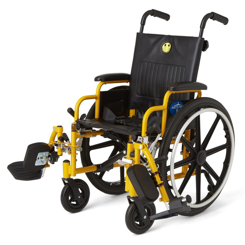 A manual wheelchair with a bright yellow frame and black seat, backrest, and wheels, shown on a clean white background. It features a padded black backrest with a small yellow smiley face logo, a footrest, and armrests.