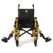 A manual wheelchair shown from the front on a clean white background. The wheelchair features a black fabric seat and backrest with a small yellow smiley face emblem, supported by a bright yellow frame with black wheels and footrests.