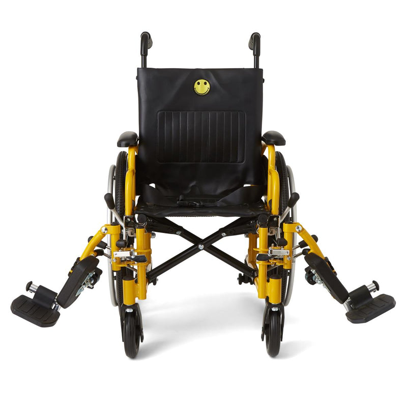 A manual wheelchair shown from the front on a clean white background. The wheelchair features a black fabric seat and backrest with a small yellow smiley face emblem, supported by a bright yellow frame with black wheels and footrests.