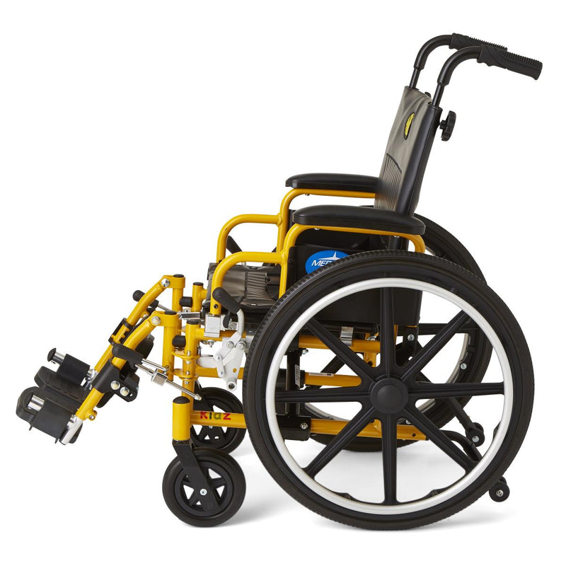 A yellow and black power wheelchair with a large rear wheel, smaller front casters, and a gray padded seat, photographed on a clean white background.