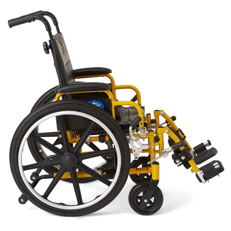 A compact manual wheelchair with a bright yellow frame, black seat and wheels, and silver accents, photographed on a clean white background.