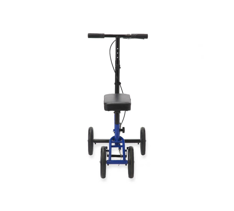 A three-wheel mobility scooter with a black seat and handlebars on a blue frame, shown from a top-down view against a white background.