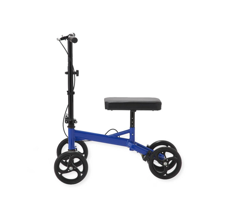Blue knee scooter with a black seat on a white background