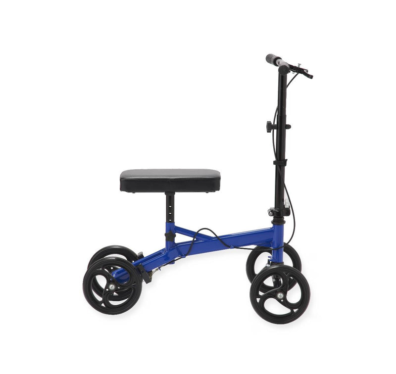 Blue knee walker with a black seat on a white background