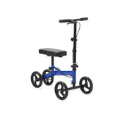 Blue knee scooter with black seat on a white background