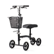 Black knee scooter with basket on a white background