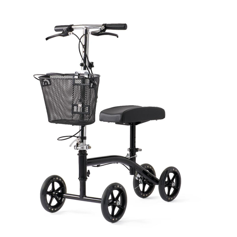 Black knee scooter with basket on a white background
