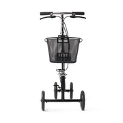 A black three-wheel balance scooter with a front wire basket, black handlebars, and black wheels, photographed against a solid white background.