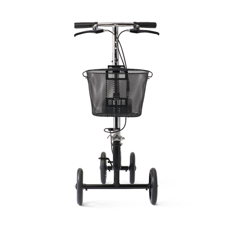 A black three-wheel balance scooter with a front wire basket, black handlebars, and black wheels, photographed against a solid white background.