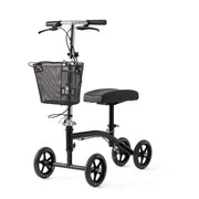 Black knee scooter with basket on a white background