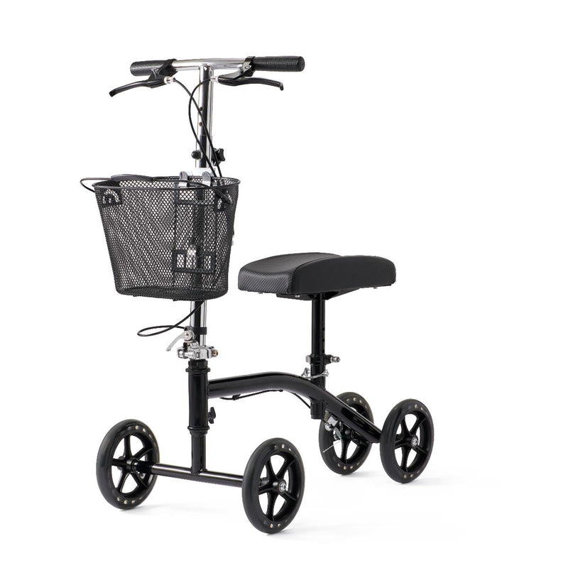 Black knee scooter with basket on a white background