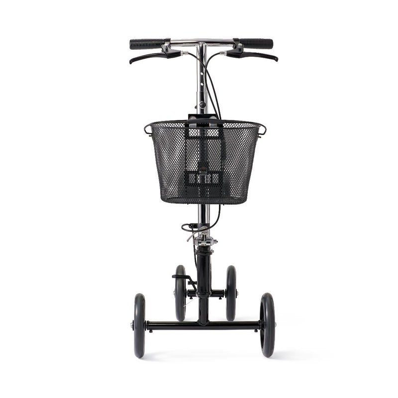 A black three-wheeled compact tricycle with a front wire basket, black handlebars, and black wheels, photographed against a solid white background.