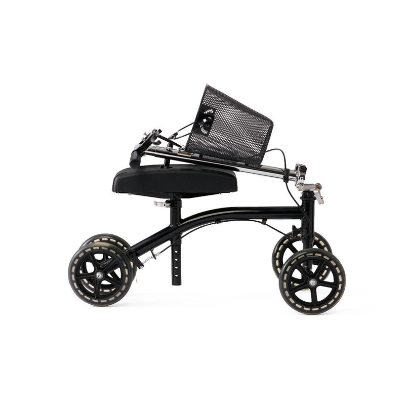 Black knee walker with wheels on a white background