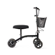 Black knee walker with a seat and basket on a white background