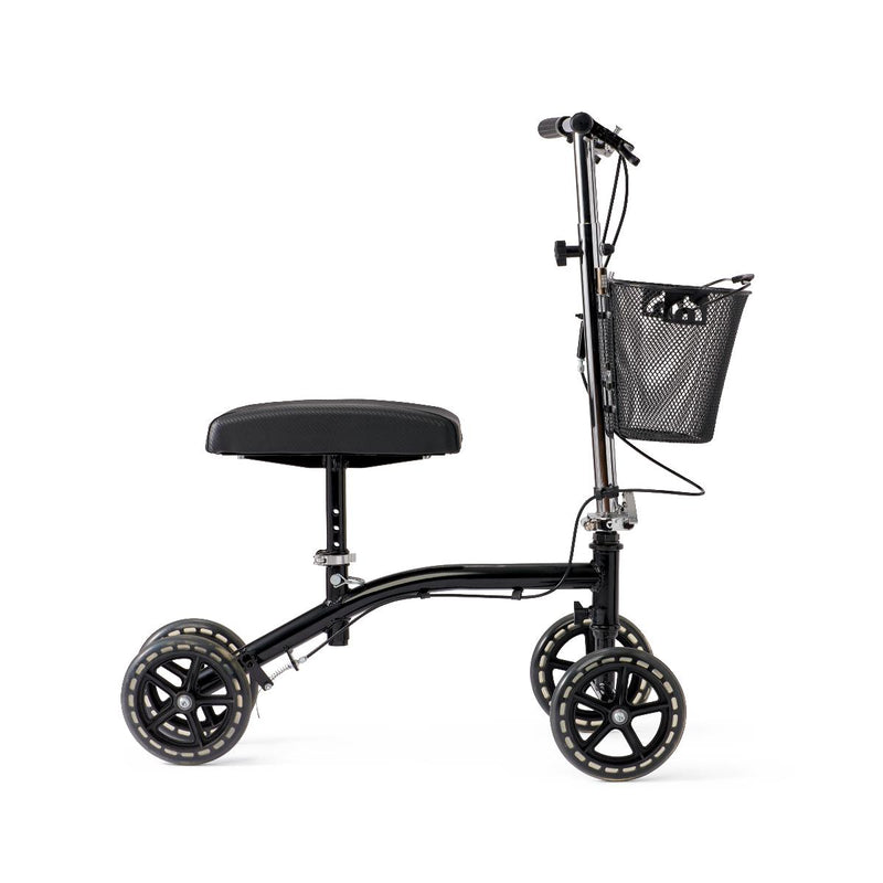 Black knee walker with a seat and basket on a white background