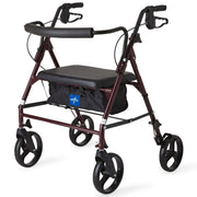 Rollator with a black seat and wheels on a white background