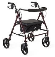 Rollator with a black seat and wheels on a white background