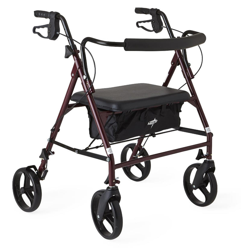 Rollator with a black seat and wheels on a white background