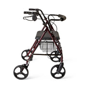 Red rollator with basket on a white background