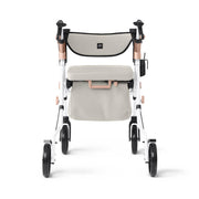 White rollator with beige seat and backrest on a white background