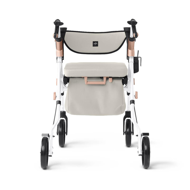White rollator with beige seat and backrest on a white background