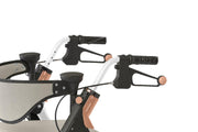 Close-up of a rollator handlebar with black grips and white bars on a white background