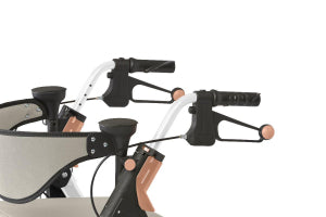 Close-up of a rollator handlebar with black grips and white bars on a white background