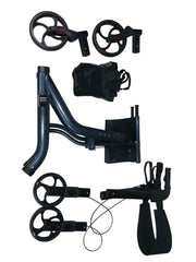 A set of black and dark blue manual wheelchair transfer components and accessories, including wheels, a transfer frame, a seat pad, a carrying bag, and straps, arranged on a plain white background.
