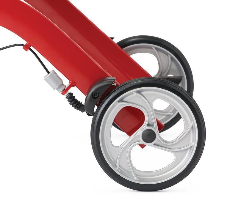Close-up of a red scooter with wheels on a white background