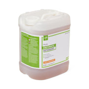 Container of multi enzymatic detergent with a green label on a white background