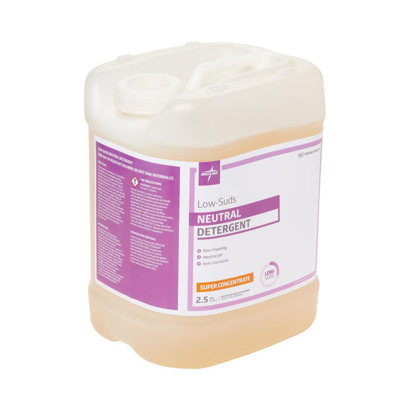 Container of neutral detergent with a purple label on a white background