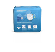 Blue package of adult diapers with text and graphics on a white background