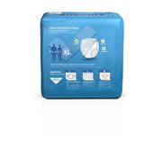 Blue package of adult diapers with text and icons on a white background