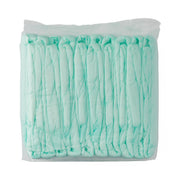 Stack of green disposable underpads on a white background