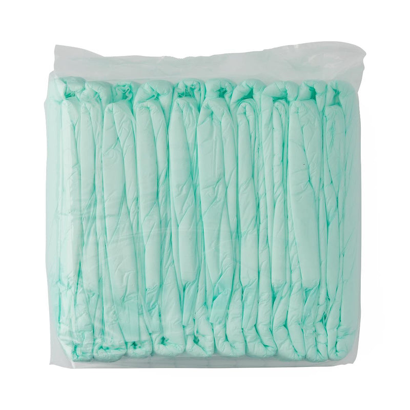 Stack of green disposable underpads on a white background