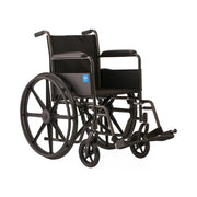 Black wheelchair with a blue and white logo on a white background