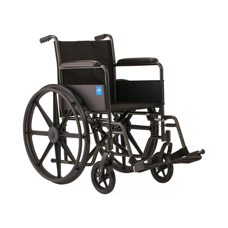 Black wheelchair with a blue and white logo on a white background
