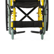 Close-up of a wheelchair with yellow frame and black seat on a white background